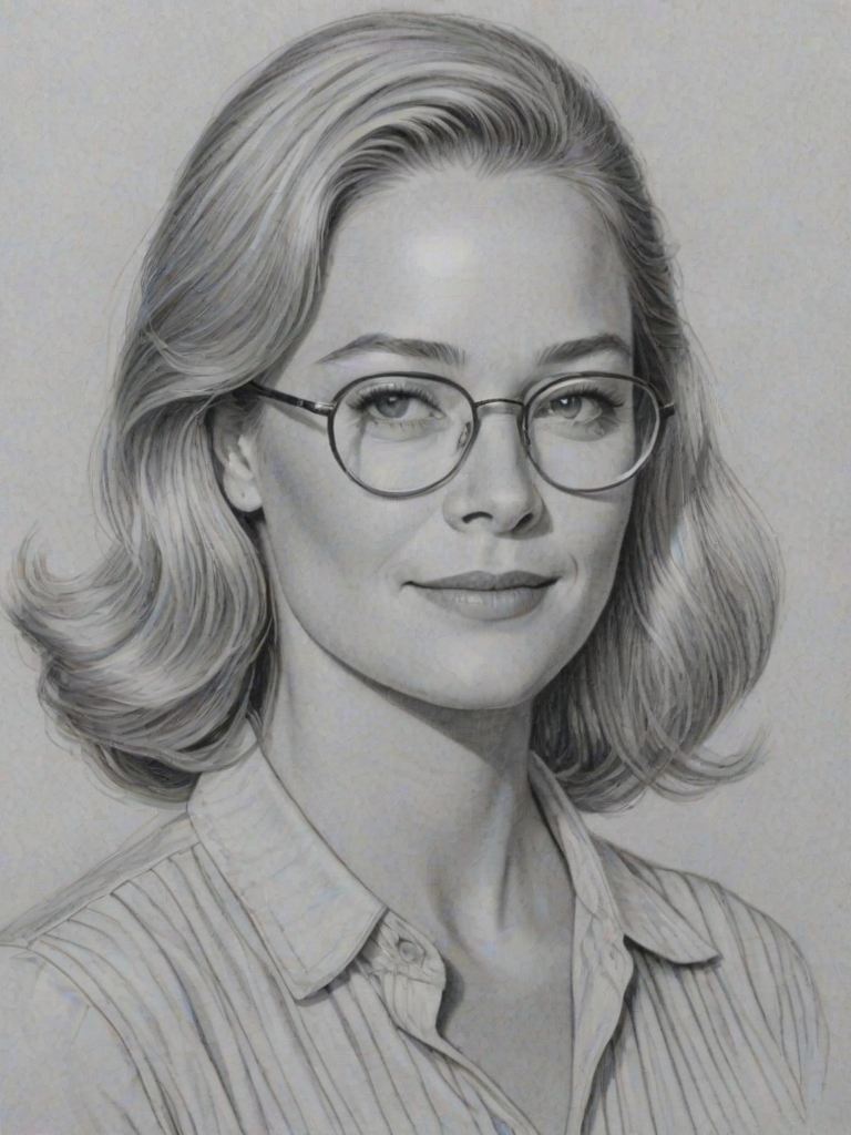 Delightful Cybill Shepherd, pencil sketch, portrait of Lovely woman 1921s in glasses, hair style beatnik, outline, clear lines, fine lines, 8k