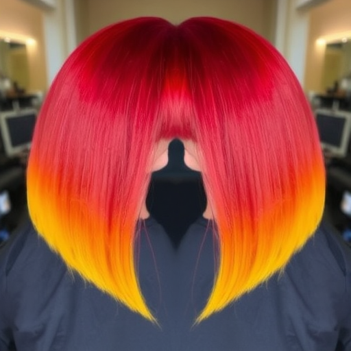 Fiery red ombre hair transitioning to bright yellow tips, styled in a sleek and straight bob with blunt bangs, creating a bold and eye-catching look reminiscent of flames called Phoenix Plumage