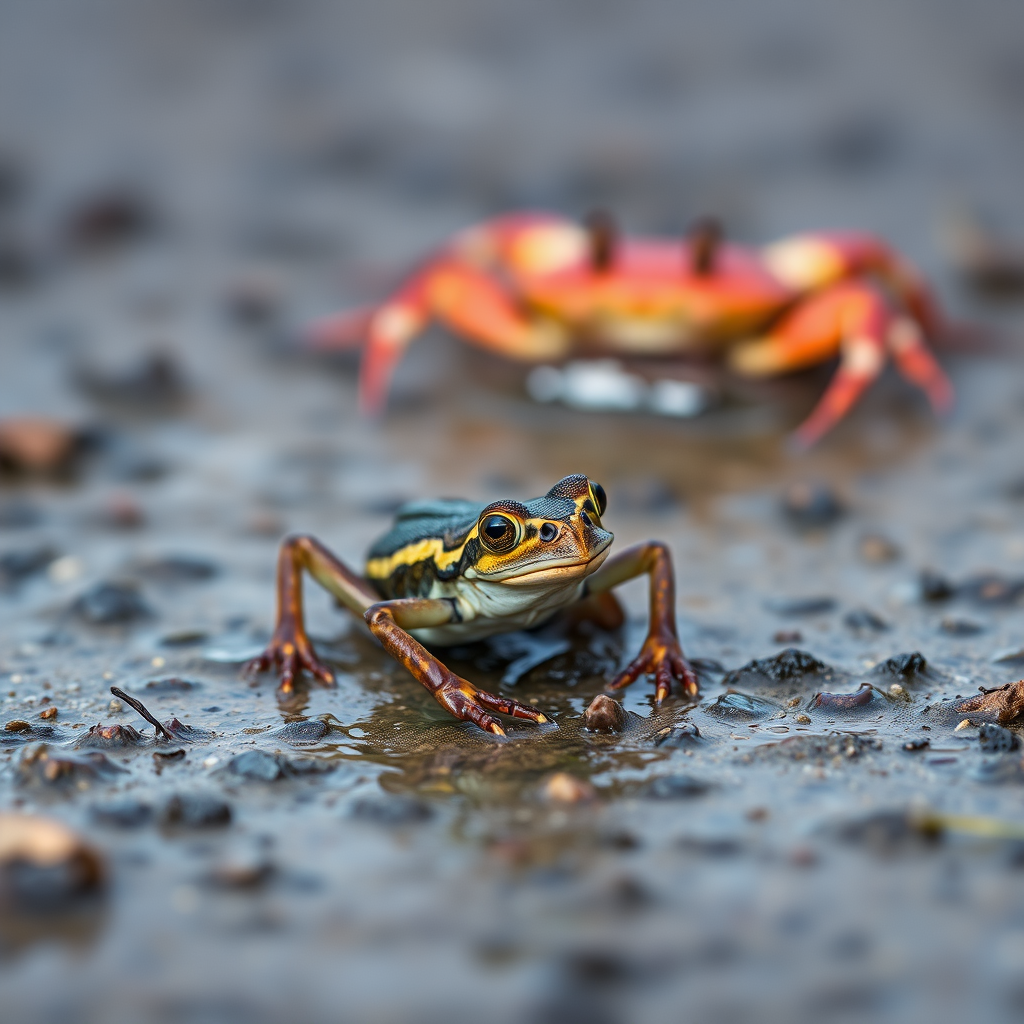A close-up shot of a mudskipper on wet mud with a crab in the background, taken with a DSLR camera at f/4, ISO 200, 1/250s, 85mm lens, shallow depth of field, natural lighting.