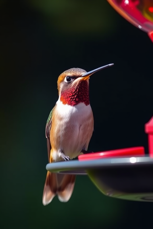 Capture a close-up of a hummingbird perched at a feeder with a shallow depth of field, using a DSLR camera with a 100mm macro lens, aperture f/2.8, shutter speed 1/1000s, ISO 200, and natural light for vibrant colors and sharp details.