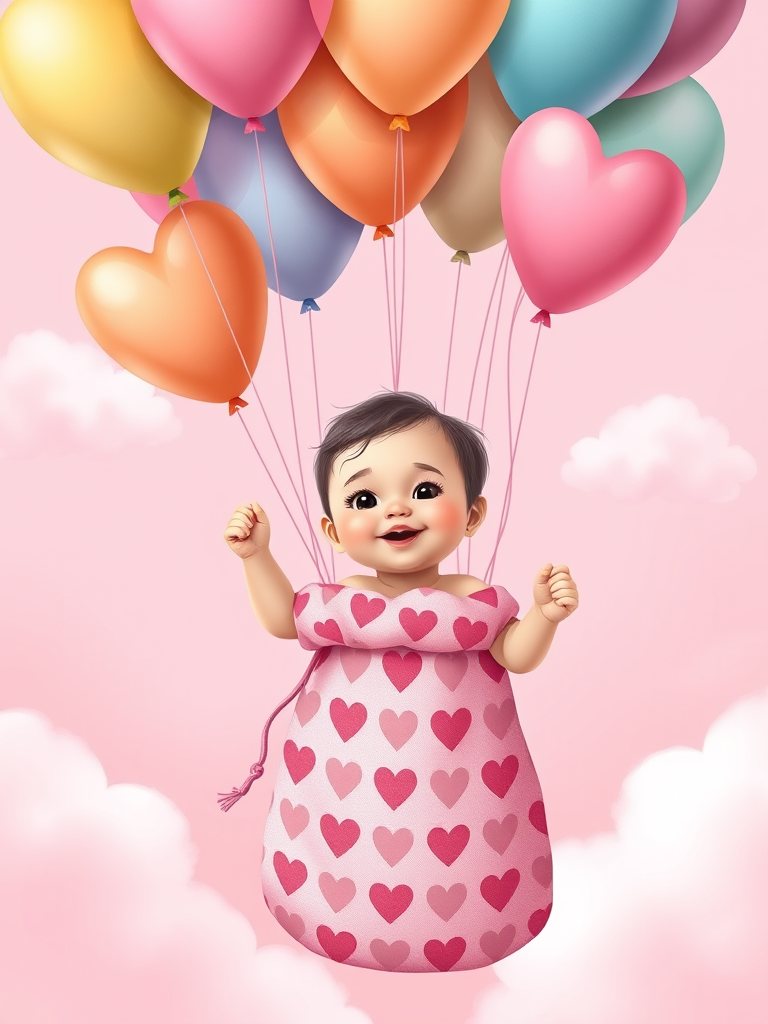 Create a whimsical illustration of a baby girl in a pink heart-patterned sack being lifted by colorful balloons, set against a soft, pastel pink background with fluffy clouds, captured with a digital camera at f/8, 1/125 sec, ISO 100, with a bright, cheerful composition and a soft focus for an enchanting effect.