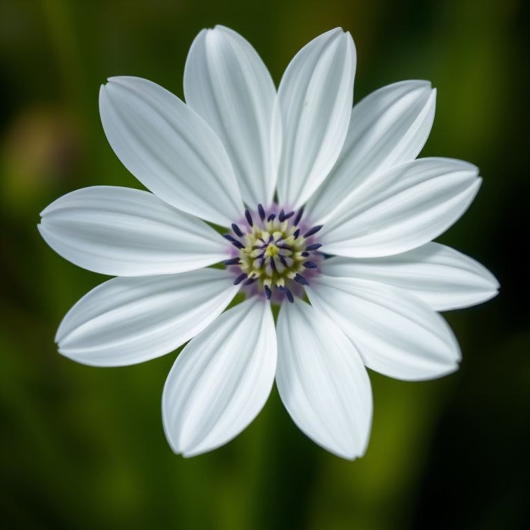 A close-up shot of a white flower with a blue center, shot on a DSLR camera with a 50mm lens, aperture f/2.8, ISO 100, natural lighting, and a shallow depth of field to highlight the intricate details of the petals against a blurred green background.