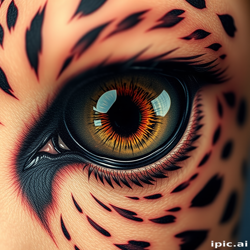 Realistic animal eye tattoo with incredibly detailed iris patterns and reflection, capturing the depth and intensity of a wild creature's gaze in stunning photorealistic style