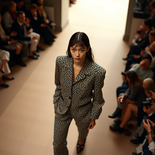 Capture the model from a high angle, emphasizing the outfit’s pattern and silhouette. Use a 35mm prime lens to maintain sharpness and minimize distortion