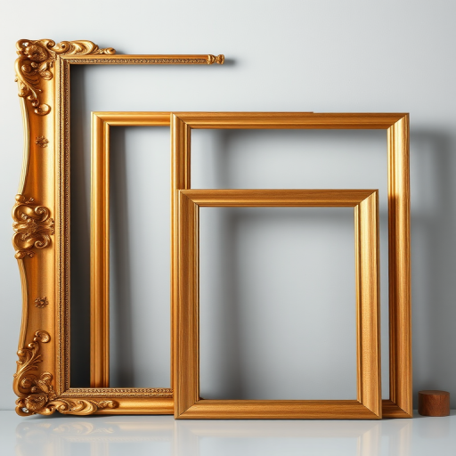 Create an image of three picture frames in various styles: one gold ornate frame, one sleek golden rectangular frame, and one natural wooden frame, shot with a Canon EOS R5 at f/4.0, ISO 100, 50mm lens, in bright, soft lighting for an artistic look and minimal background distractions.