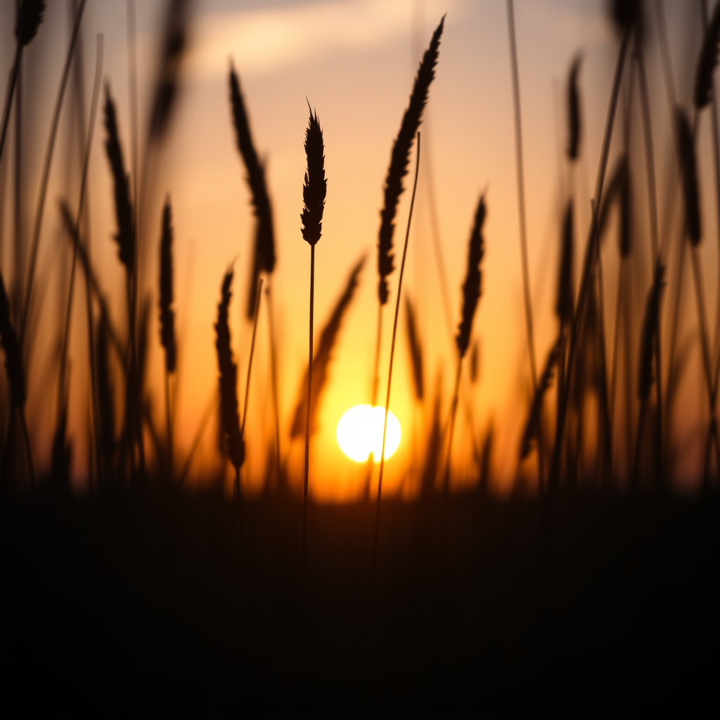 capture a silhouette of tall grasses against a sunset with warm golden hues, using a DSLR camera with a 50mm lens, aperture f/1.8, ISO 100, shutter speed 1/200 sec, shot from a low angle with a slight bokeh effect for enhanced image quality