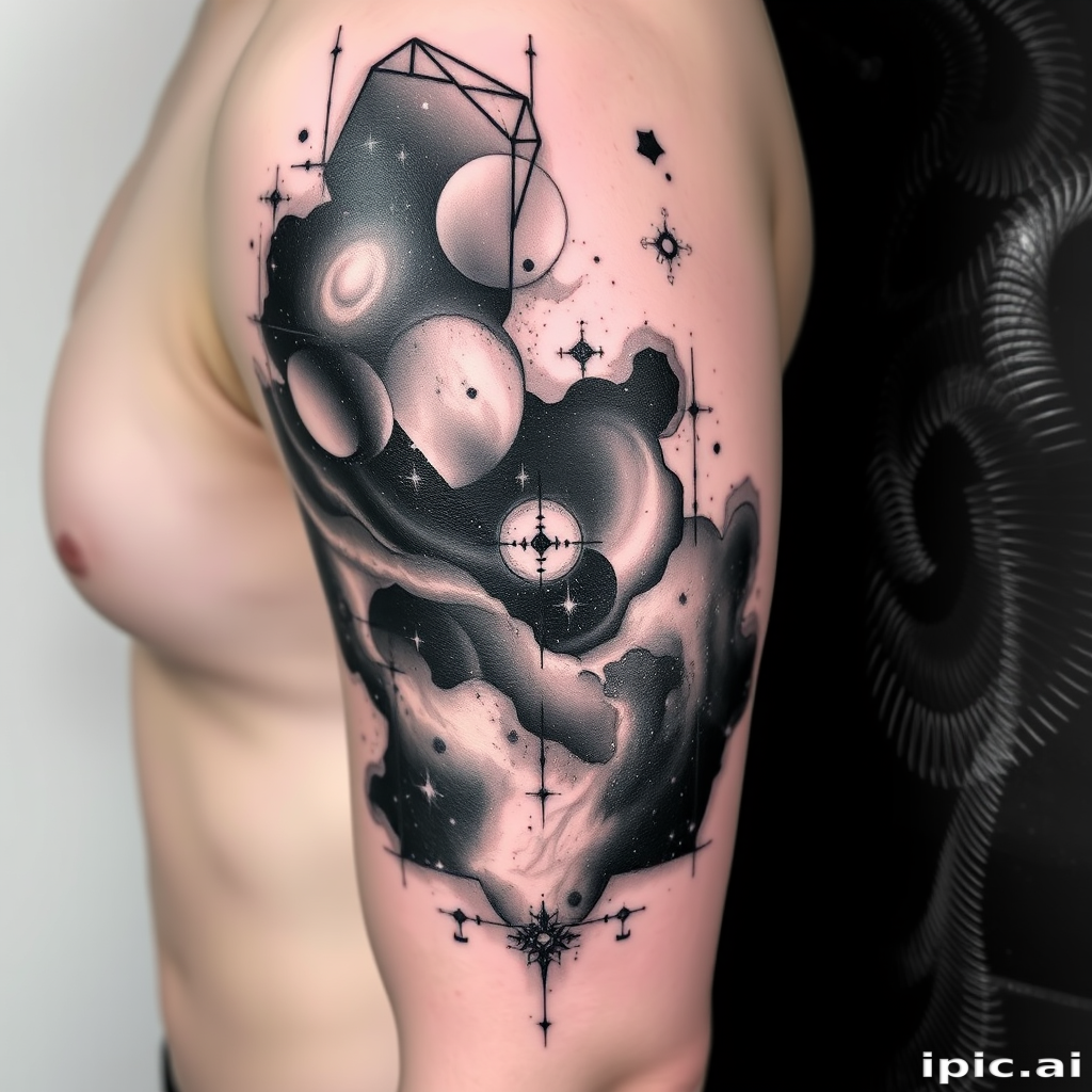 Cosmic black and gray realism tattoo, "Nebula Nocturne," showcasing a hyper-realistic depiction of deep space phenomena like nebulae, galaxies, and star clusters, using various shades of black and gray ink with white