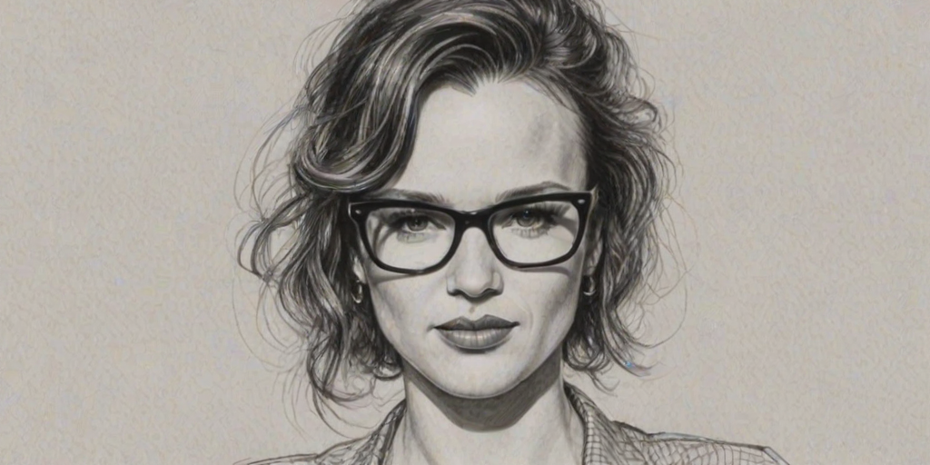 Attractive Juliette Lewis, pencil sketch, portrait of Appealing woman 1936s in glasses, hair style beatnik, outline, clear lines, fine lines, 8k