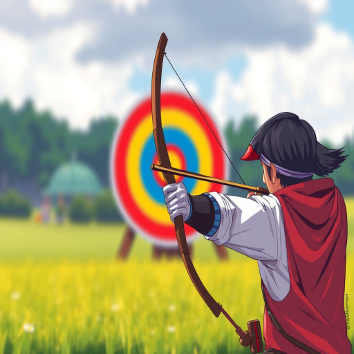 Create an illustration of an archer in a dynamic pose aiming at a colorful target, with a blurred background of a green field, using a 50mm lens, at f/2.8 aperture, with a high-resolution format, in a digital art style.