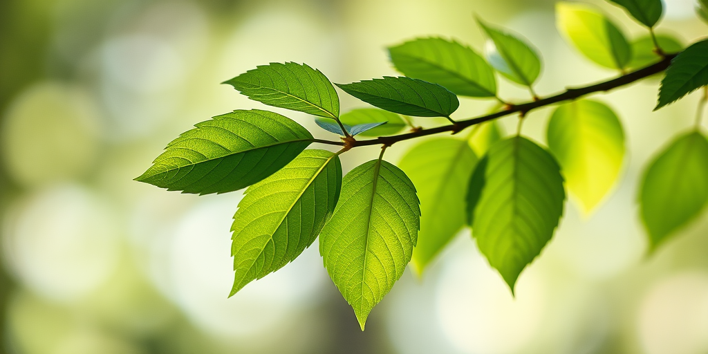 Create a high-resolution image of a green leaf branch with detailed leaves, using a DSLR camera, f/2.8 aperture, 50mm lens, and soft natural lighting, with a focus on the texture and patterns of the leaves.