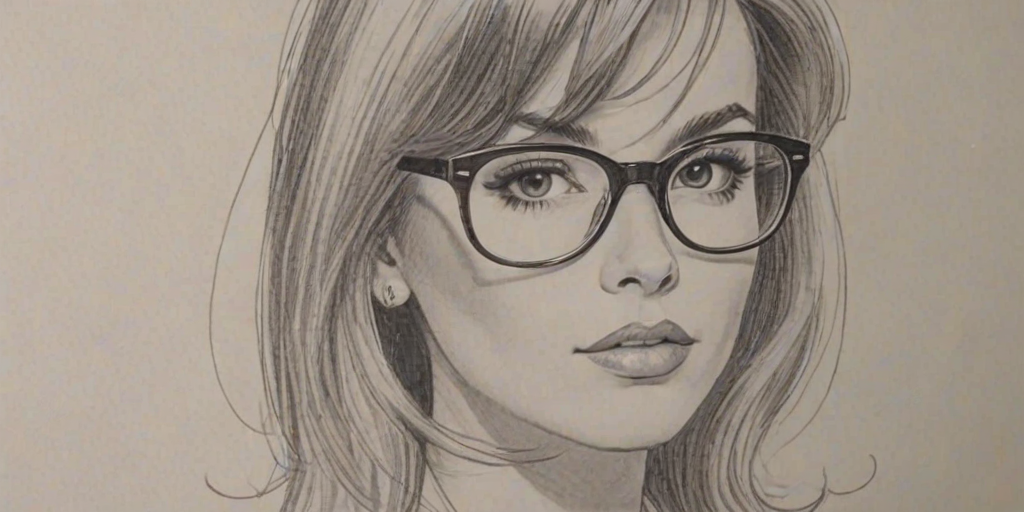 Dazzling Bella Poarch, pencil sketch, portrait of Enticing woman 1964s in glasses, hair style beatnik, outline, clear lines, fine lines, 8k