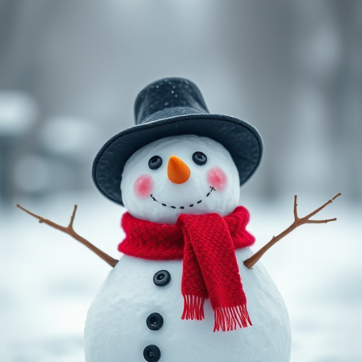 Create a digitally rendered image of a cheerful snowman with a black hat, red scarf, and a carrot nose, using a Canon EOS R5 camera with a 50mm lens at f/1.8, 1/200 sec exposure, ISO 100, shot from a slightly low angle with a soft focus background to enhance the snowman's features and colors.