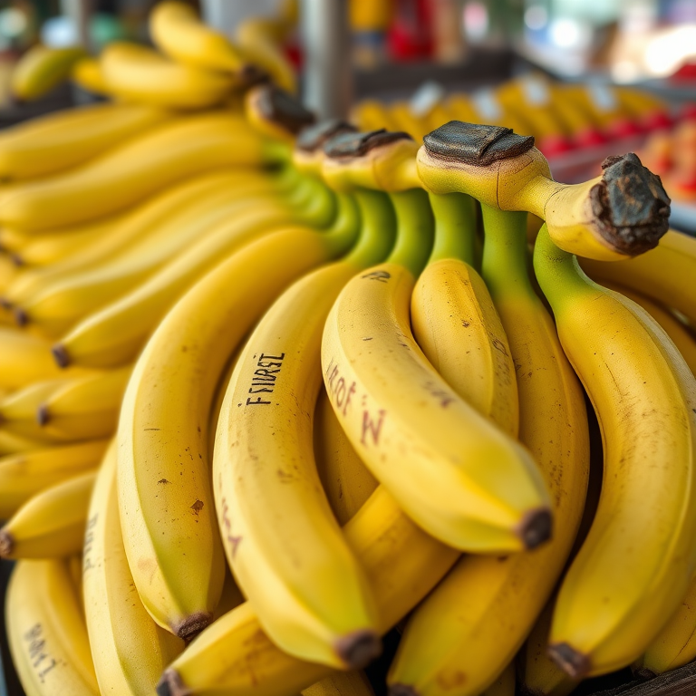 Photograph of ripe and unripe bananas arranged in a market setting, macro view, natural lighting, with a shallow depth of field, ISO 200, f/4.0, 1/250 sec, DSLR camera.