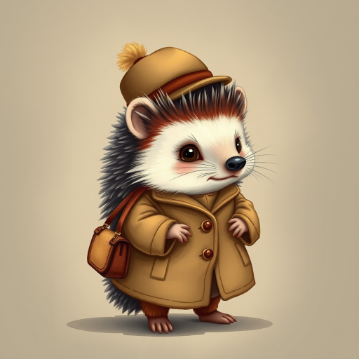 Create a detailed illustration of a cute hedgehog dressed in a vintage style coat and hat, carrying a small bag, standing in a portrait view, using a soft focus lens with a shallow depth of field to create a dreamy effect, shot with a DSLR camera at f/2.8, ISO 100, and a shutter speed of 1/125 sec.