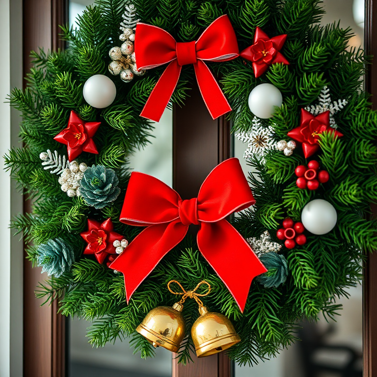 Create a holiday wreath with lush green pine, white and red decorations, a bright red bow, and glimmering bells, shot with a Canon EOS R5, 50mm lens, f/1.8 aperture, ISO 100, in a soft natural light setting with a shallow depth of field.