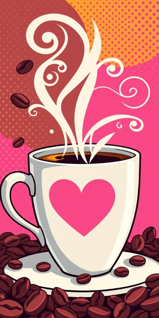 Create a vibrant pop art style illustration of a steaming coffee cup with a pink heart-patterned design, surrounded by coffee beans and whimsical swirls of steam, using a DSLR camera with a 50mm lens, f/2.8 aperture, ISO 100, and a slight vignette effect for added focus.