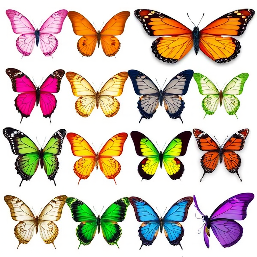 Create an image featuring a variety of butterflies in different colors and patterns. Arrange them in a grid format with four rows and three columns. The butterflies should include shades of pink, orange, yellow, green, blue, and purple, each with distinct designs and wing shapes. The background should be plain to highlight the vibrant colors of the butterflies.