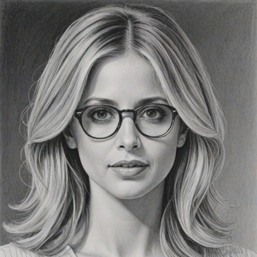 Attractive Sarah Michelle Gellar, pencil sketch, portrait of Comely woman 1971s in glasses, hair style beatnik, outline, clear lines, fine lines, 8k