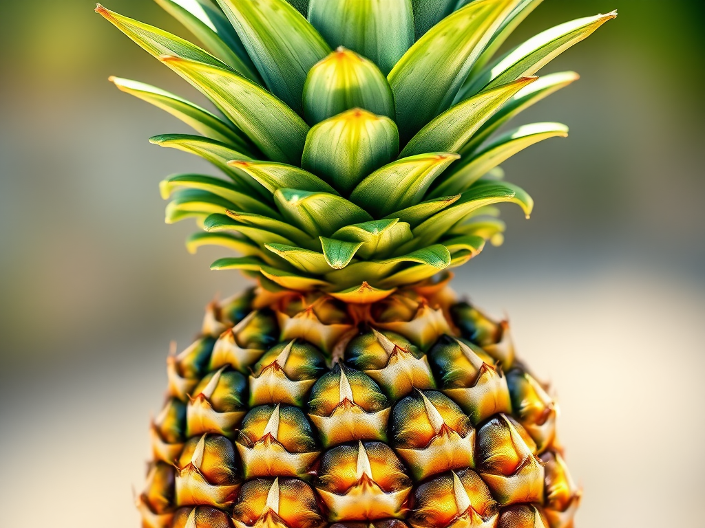 Create a vibrant illustration of a pineapple with a detailed texture on the skin and bright green leaves on top, shot with a DSLR camera at f/2.8 aperture, 50mm lens, in natural light to enhance color saturation and clarity.