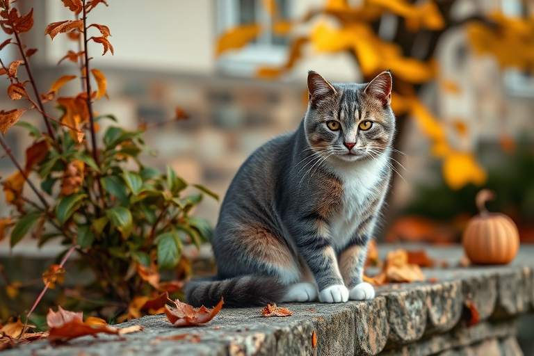 A gray and white cat sitting on a stone wall, surrounded by autumn leaves and a plant, captured in natural light with a shallow depth of field, using a DSLR camera at f/2.8, ISO 100, with a 50mm lens, in a close-up view.