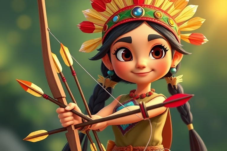 Create a vibrant illustration of a cartoon Native American girl holding a bow and arrows, designed with exaggerated features and bright colors, shot with a DSLR camera at f/2.8, ISO 400, 50mm lens, in a close-up view to enhance details and depth, using a soft focus background to emphasize the character.
