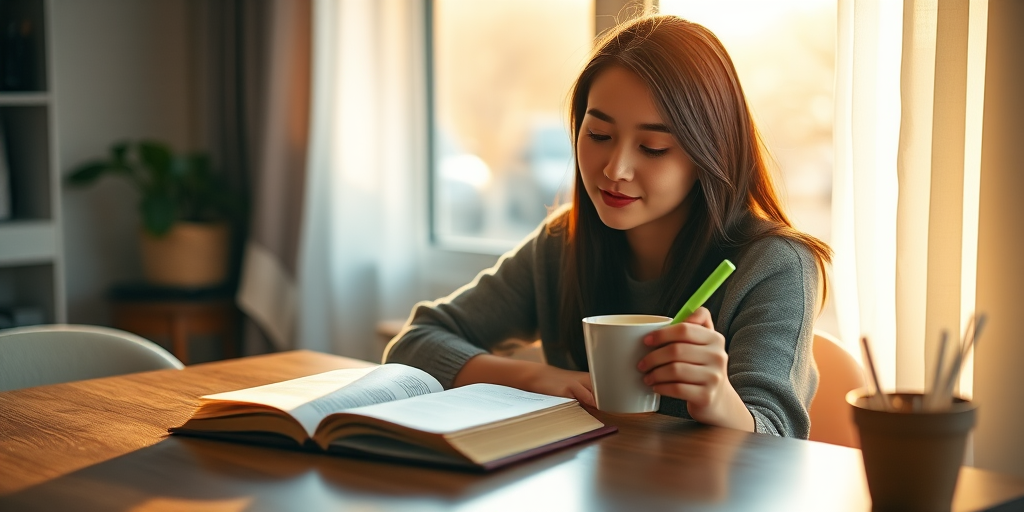 a serene indoor scene of a young woman sitting at a well-lit table with a book open in front of her, a steaming cup of coffee in her right hand and a green highlighter in her left, warm sunlight streaming through a nearby window creating a cozy atmosphere, soft focus background, DSLR camera, 50mm lens, f/1.8 aperture, ISO 200, natural light, golden hour photography