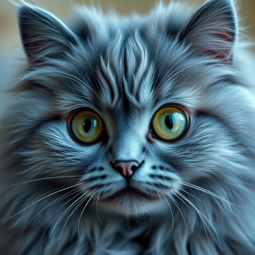 Create a hyper-realistic illustration of a fluffy blue Persian cat with big green eyes, using a Canon EOS R5 with a 50mm f/1.2 lens, ISO 100, aperture f/4, natural soft lighting, and a slight overhead angle for a detailed texture emphasis.