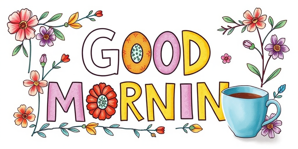 Create a colorful, hand-drawn illustration featuring the text "GOOD MORNING" in bold letters surrounded by floral elements and a coffee cup, shot with a Canon EOS R5 at f/4, ISO 100, and 50mm lens, with a bright, soft natural light for an inviting morning feel.