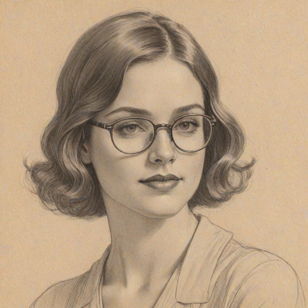 Superb Caitlin Gerard, pencil sketch, portrait of Exquisite woman 1926s in glasses, hair style beatnik, outline, clear lines, fine lines, 8k