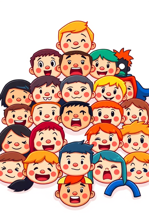 Generate a colorful illustration of cartoon faces showing various emotions arranged in a pyramid formation, using a Canon EOS R5 with an aperture of f/8, ISO 100, shutter speed of 1/125s, top-down view, in a vibrant and playful style.