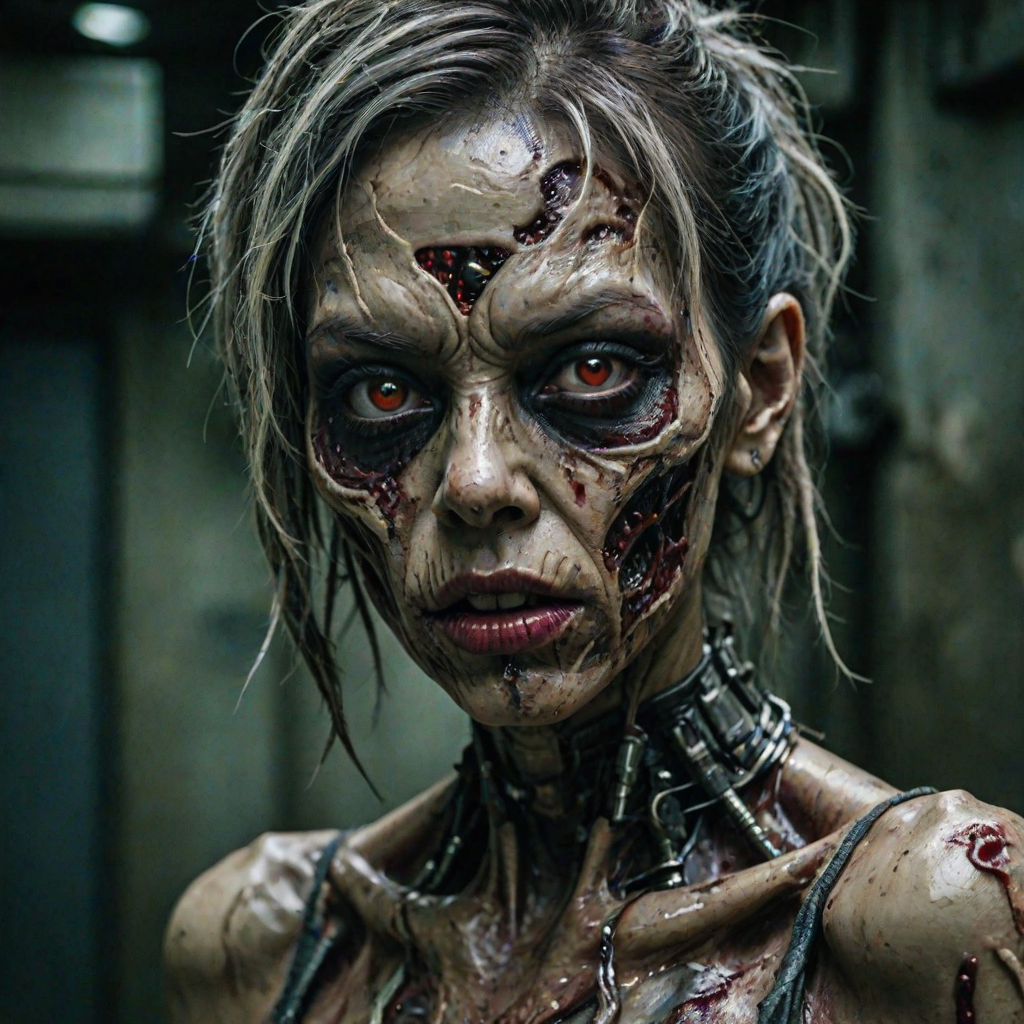 (perspective) of A creepy (ethnicity) zombie cyborg with (descriptive color) skin, (color) lipstick (color) liquid flowing from her eyes and mouth, (perspective two) portrait, (camera angle), extremely detailed, (art style) in the style of Yoshitaka Amano and Tetsuo Hara. --ar 85:128 --style raw --niji 6