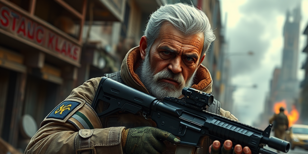 Create a highly detailed digital painting of a mature soldier with white hair, wearing tactical gear and holding an assault rifle, set in a post-apocalyptic urban environment with destruction in the background, captured with a Canon EOS R5, 50mm lens, f/1.8, ISO 100, using a low-angle view and vibrant colors to enhance realism and mood.