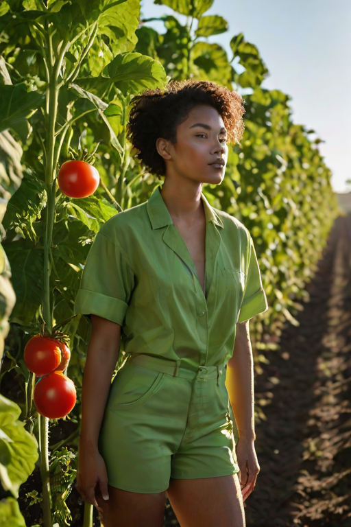 a vibrant green lettuce wraps tightly around the stem of a tall, juicy tomato plant. The sun shines down on the scene, casting long shadows across the ground. in genderless fashion, Androgynous, neutral, modern, unisex, aidmasoftglow