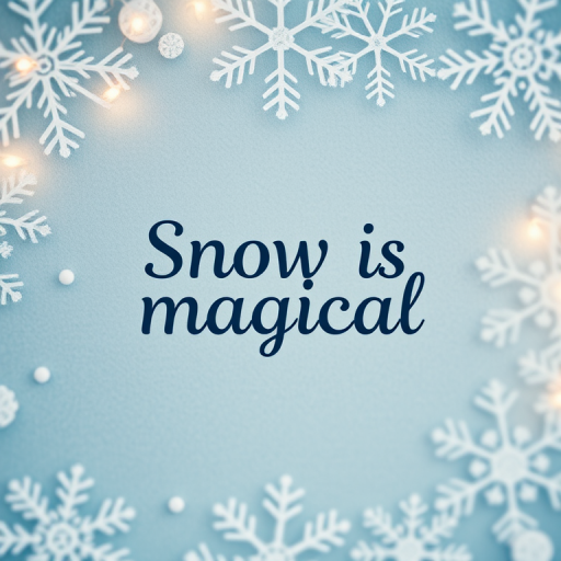 Create a high-resolution image featuring the phrase "Snow is magical" framed by intricate snowflakes on a soft, textured, light blue background, captured with a DSLR camera at f/2.8, ISO 100, with a 50mm lens, in natural light, with a shallow depth of field to enhance the overall warmth and clarity of the scene.