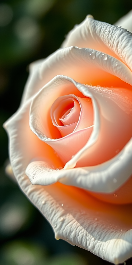 close-up shot of a white rose with water droplets on the petals, natural soft lighting, f/2.8 aperture, 100mm macro lens, ISO 100, shallow depth of field, DSLR camera