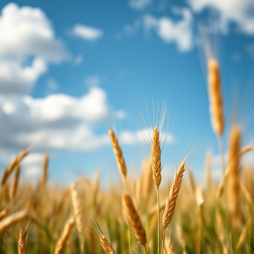 wheat field under a blue sky with clouds, shallow depth of field, ISO 200, f/2.8, 1/500 sec, 50mm lens, natural light, DSLR camera