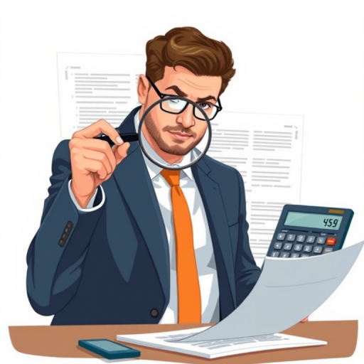 Create a professional illustration of a businessman in a suit holding a magnifying glass in front of a large document and a calculator, using a high-resolution camera with a 50mm lens, f/2.8 aperture, ISO 100, natural lighting, and a wide-angle view for clarity.