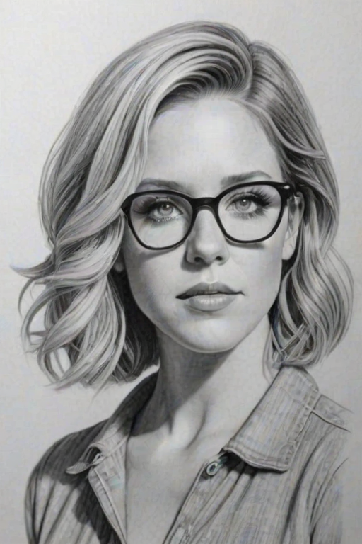 Dazzling Brittany Snow, pencil sketch, portrait of Pleasing woman 1963s in glasses, hair style beatnik, outline, clear lines, fine lines, 8k