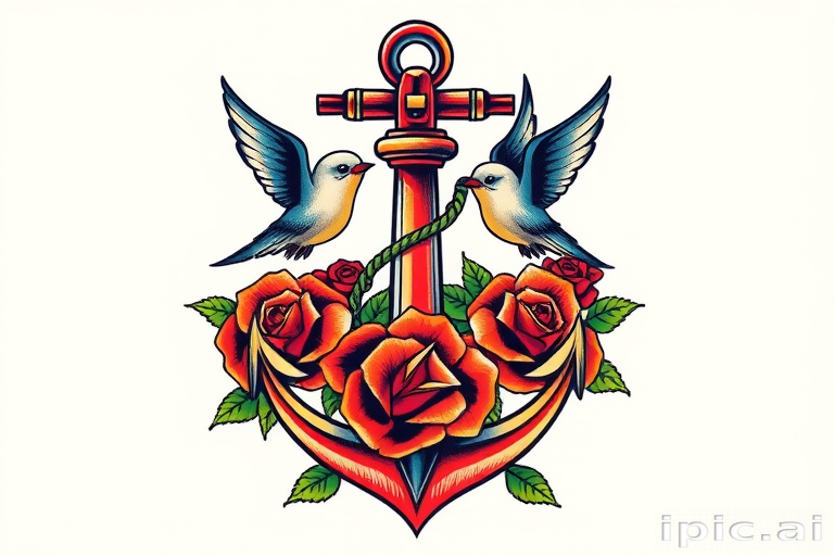 Traditional American tattoo style known as "Sailor's Delight" showcasing bold outlines and bright primary colors featuring a ship's anchor entwined with roses and swallows