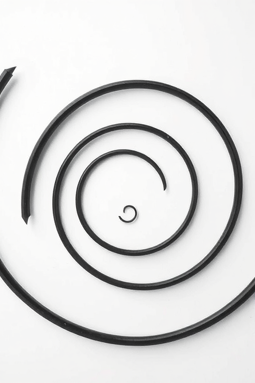 Create a high-resolution image of a black spiral on a white background with a Canon EOS R5 camera, 50mm lens, aperture f/2.8, ISO 100, and a top-down view to enhance clarity and detail.