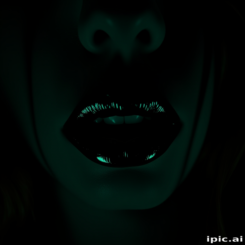 Mysterious dark emerald lips with a glossy sheen, showcasing rich jewel tones and depth, captured in a moody and atmospheric night-time portrait