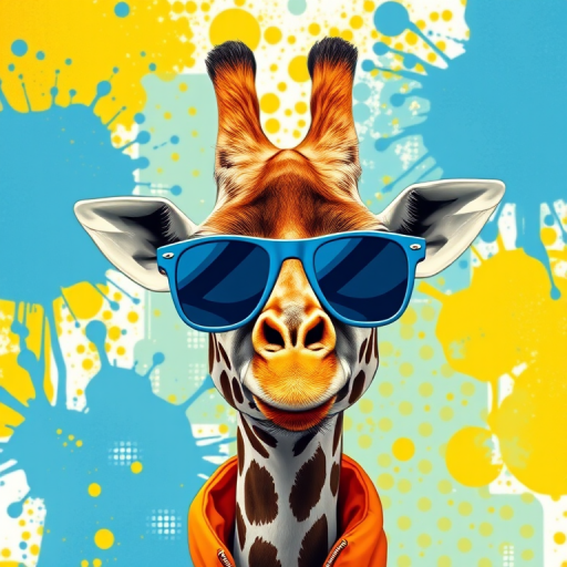 Create a vibrant digital illustration of a giraffe wearing oversized blue sunglasses and a stylish orange jacket, with a colorful abstract background featuring splashes of blue and yellow, using a Canon EOS R5 with a 50mm lens, Aperture f/1.8, shutter speed 1/200s, ISO 100 for enhanced detail and clarity.
