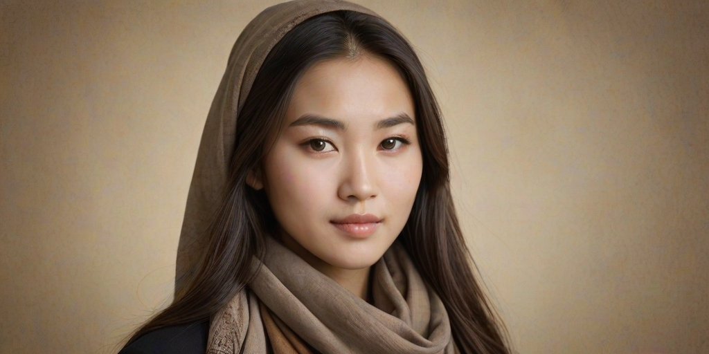 Create a portrait of a young Mongolian female with long, dark hair and captivating hazel eyes. She is wearing a brown headscarf and a matching scarf draped gracefully around her neck. The background is softly blurred, focusing attention on her serene and natural expression. The overall color palette is muted and warm, enhancing the intimate and authentic feel of the portrait.