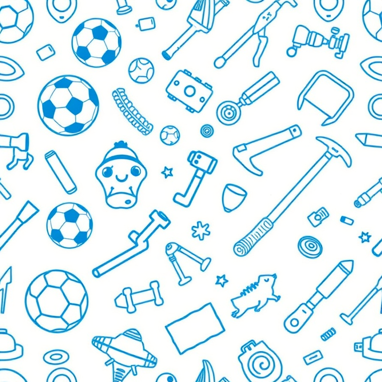 Create a seamless pattern of blue outlined illustrations of everyday objects like sports equipment, tools, and toys on a white background, shot with a DSLR camera at f/8 aperture, 1/60 shutter speed, ISO 100, wide-angle lens, top-down view, high-resolution.