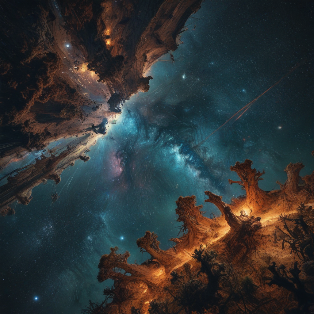 Surreal Landscape of Trees Against a Cosmic Starry Sky and Vibrant Colors