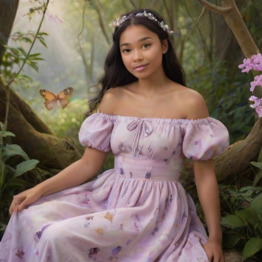 "This image features a young woman seated in an ethereal and whimsical setting, blending nature with a wintery theme. She is wearing a delicate, off-shoulder dress with puffy short sleeves, designed in a soft pink and purple tie-dye pattern, adorned with small butterfly motifs scattered across the fabric. The dress accentuates her petite figure and lends a feminine, playful vibe to her appearance.