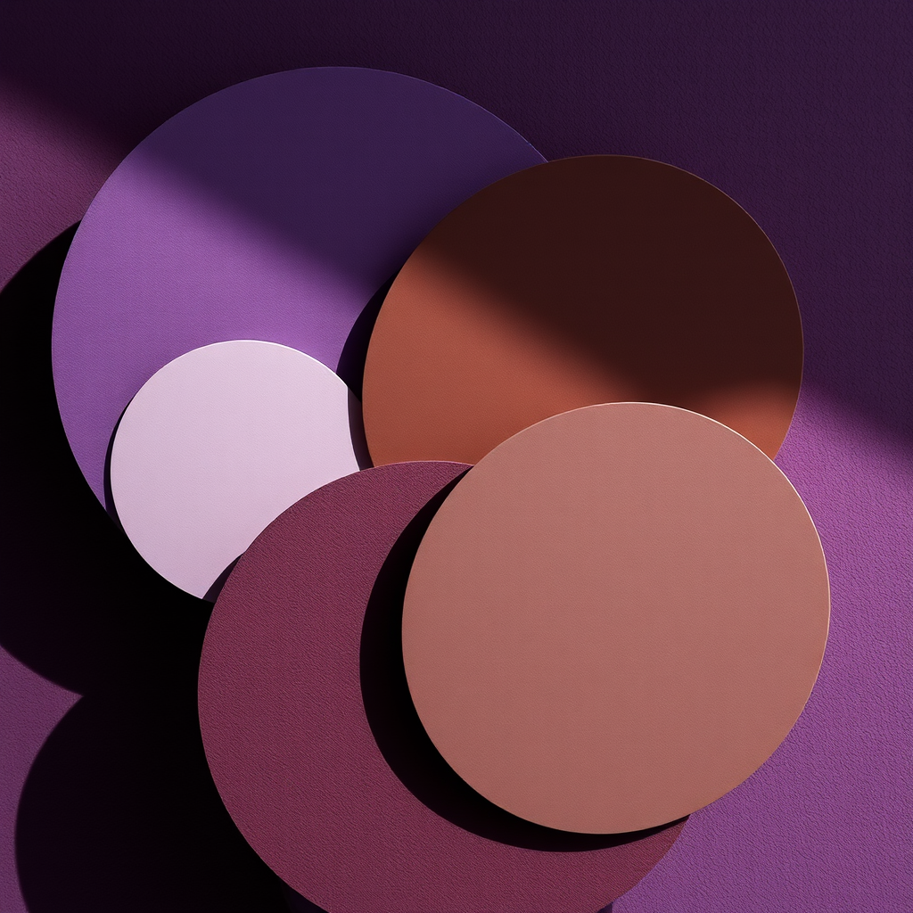 Create an abstract composition featuring overlapping circles in varying shades of purple, gray, and brown with a smooth texture using a Canon EOS R5 with a 50mm lens, aperture set to f/2.8, ISO 100, and soft natural lighting to enhance clarity and depth.