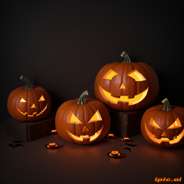 Spooky Halloween Scene Featuring Carved Pumpkins with Glowing Faces and ...