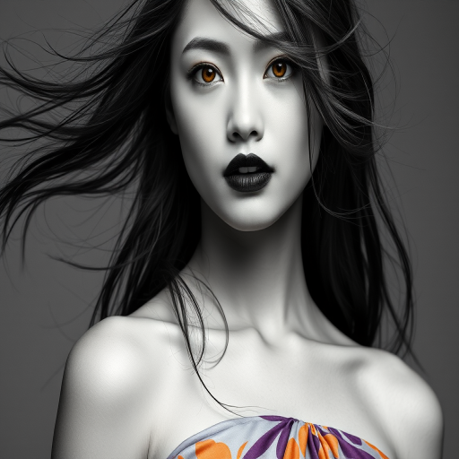 Photographic image of a beautiful young Thai woman, Yellow eyes, lips with black lipstick, long hair fluttering in the wind and wearing a silk strapless dress with a soft purple and orange print. monochrome image with only color highlights in the iris of the eyes, lipstick and dress. Gray background.