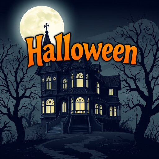Create an illustration of a dark, Victorian-style haunted house set against a full moon. The house should be intricate, surrounded by twisted, barren trees, and evoke a spooky Halloween atmosphere. Above the house, include the word "Halloween" in a bold, orange gradient font. Use a ghostly, eerie style to bring the scene to life.